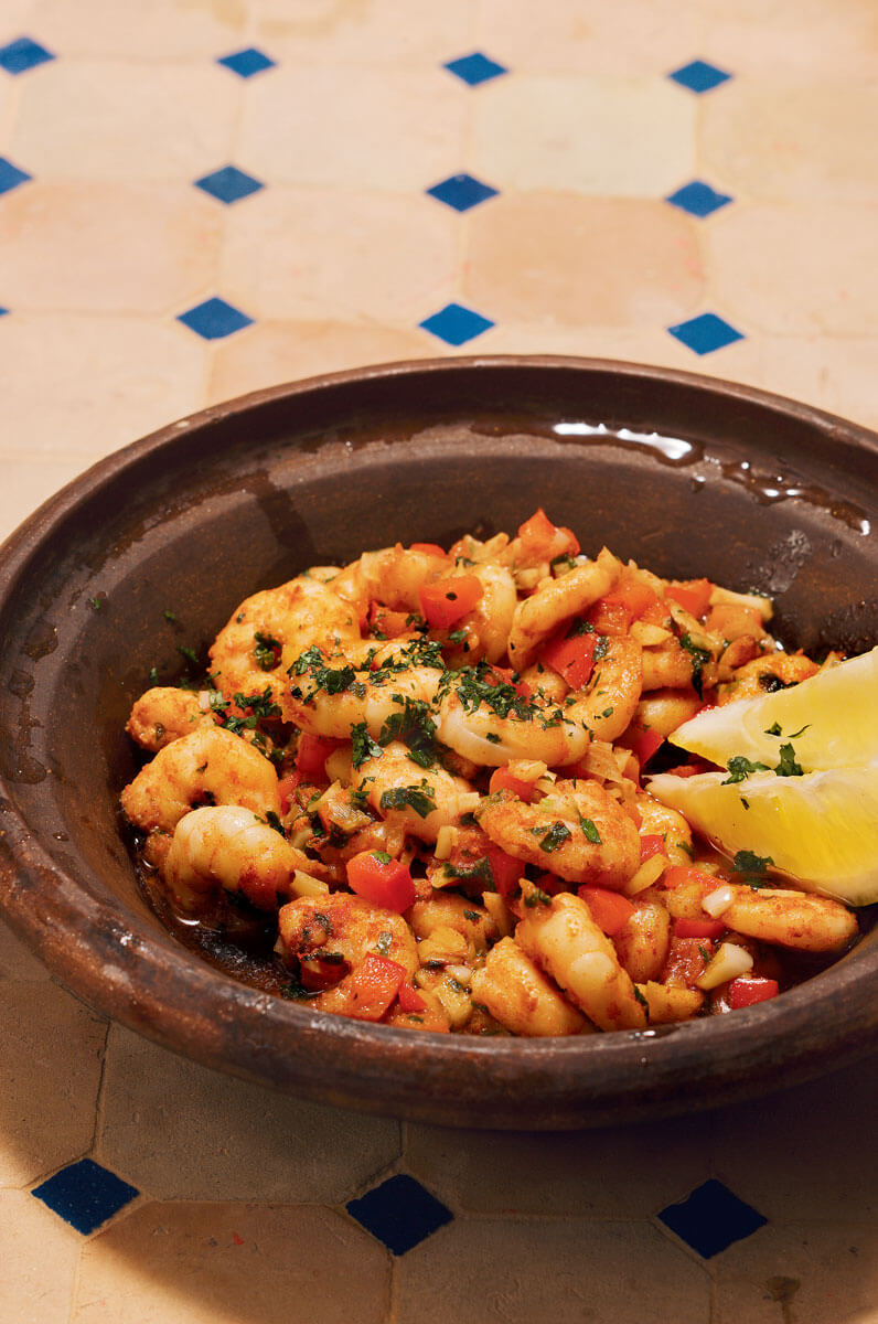 Tajine mit Garnelen oder Shrimps und Knoblauchöl